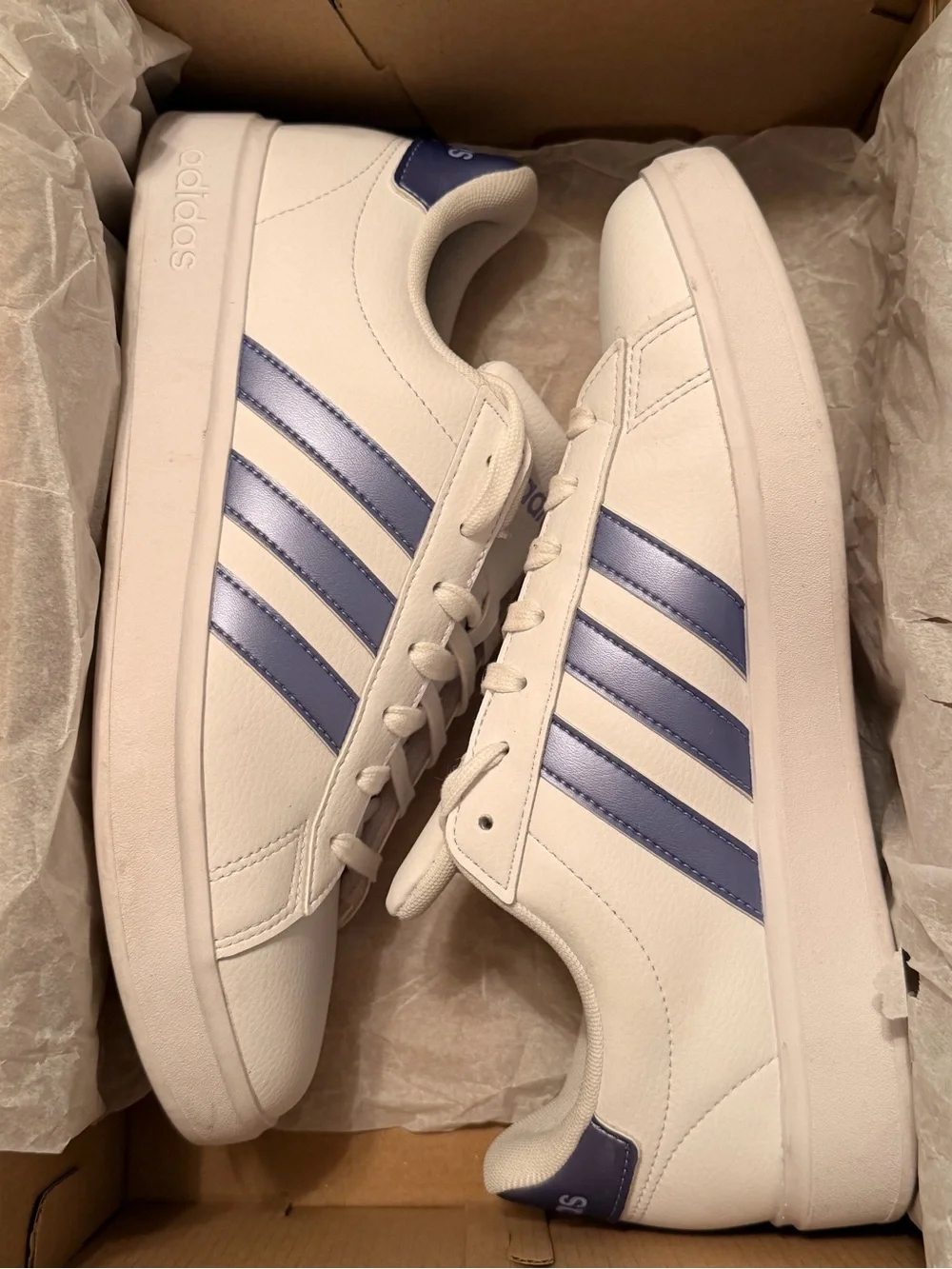 Adidas White Sneakers with Periwinkle Blue Stripes